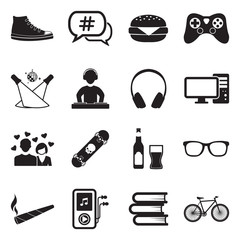 Teen Icons. Black Flat Design. Vector Illustration.