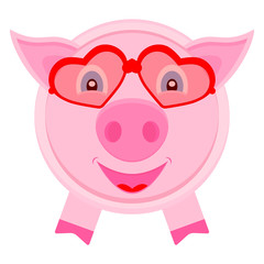 Naklejka premium Cute pig in glasses with hearts. Vector cartoon illustration. Clipart and drawing on white background. 