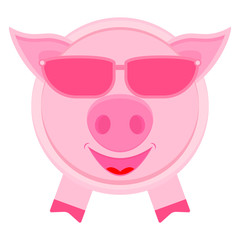 Cute pig in pink glasses. Vector cartoon illustration. Clipart and drawing on white background.  