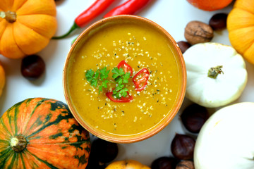 Savory pumpkin soup with chilies and hemp seeds