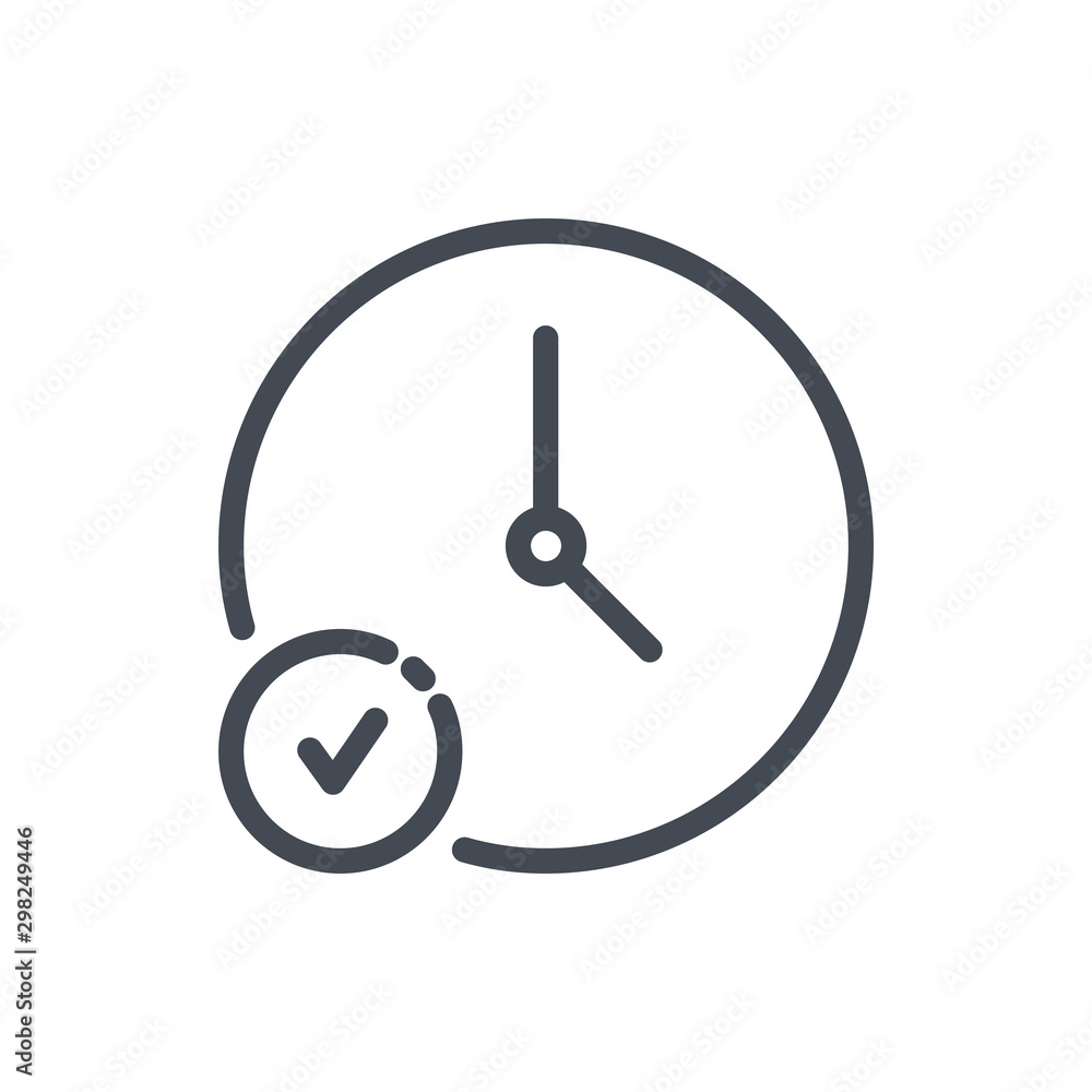 Poster time and clock with check button line icon. watch and time management management vector outline sign