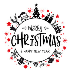 Merry Christmas lettering with red and black ornaments and wreath decoration