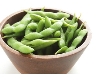 Japanese edamame soy bean in wooden bowl for healthy food image