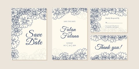Fototapeta na wymiar outline wedding invitation card set traditional retro rustic vintage modern abstract doodle hand drawn floral and beauty flower background template mockup ornament gold colorful vector illustration