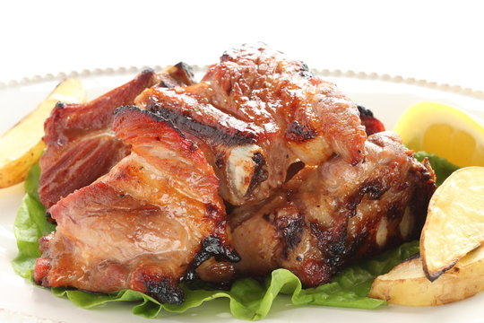 Korean food, pork spareribs  barbecue  served with lemon for gourmet food image