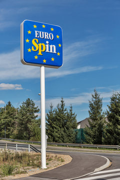 Eurospin discount store logo on the road in Brezovica, Slovenia.