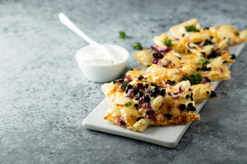Homemade savory tart with onion and olives