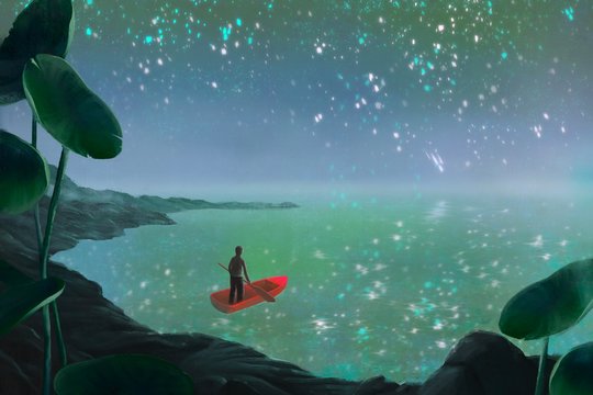 Fantasy adventure scene man alone on a boat with the sea and starry night sky, freedom, hope, lonely, loneliness surreal illustration