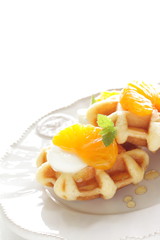 Canned mandarin orange and waffle for gourmet breakfast