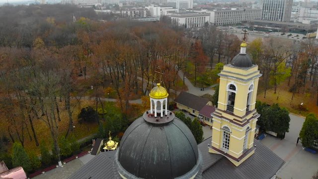Aerial view of St Peter and Paul&rsquo;s Cathedral in Gomel, Belarus. Autumn park, red and yellow trees