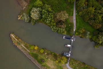 Aerial photography by drone, Ship bridge Wupper estuary is a historic bridge over the old Wupper estuary.