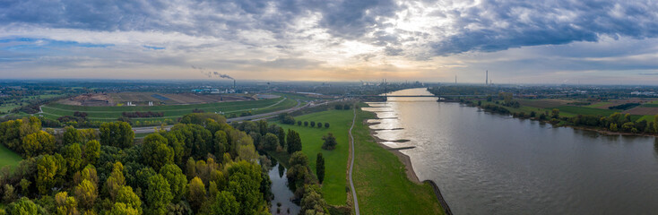 Panoramic view of the Rhine bridge Leverkusen. Aerial photography by drone