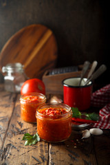 Homemade tomato sauce in the jars