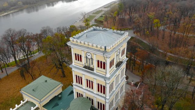 Aerial view of Palace of the Rumyantsevs and the Paskeviches in Gomel, Belarus. Autumn park with red and yellow trees and leaves 