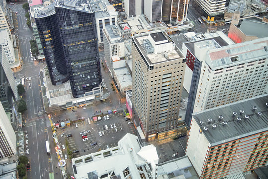 Amazing aerial view of Auckland skyline at sunset. City buildings and skyscrapers, New Zealand