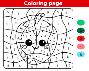 Number coloring page for preschool kids. Educational game. Cute kawaii strawberry. Cartoon character.