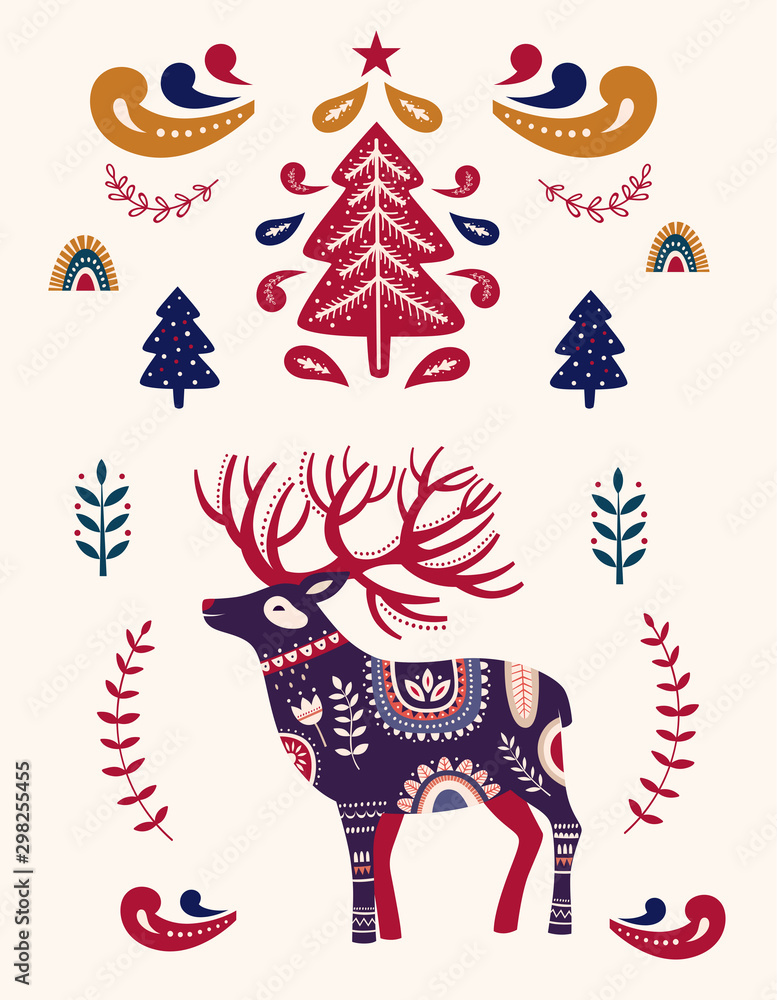 Wall mural christmas illustration with decorative deer and christmas tree