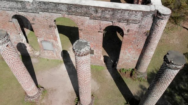 Old Sheldon Church near Beaufort, South Carolina. Aerial view with forest trees