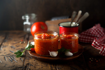 Homemade tomato sauce in the jars