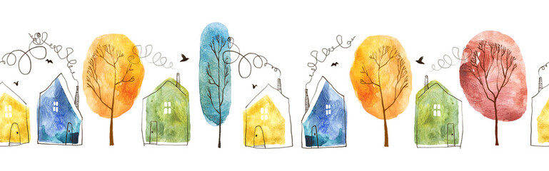 Modèle sans couture avec village aquarelle peint à la main. Maisons et arbres isolés sur fond blanc.