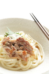 Japanese food, grilled pork and cold udon noodles