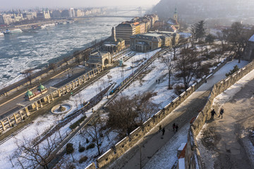 Winter time in Budapest , Hungary - touring around the city center while the Danube river is partially frozen and covered with ice! 