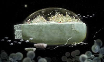 Fantasy scene of peaceful village on a giant fish, painting illustration