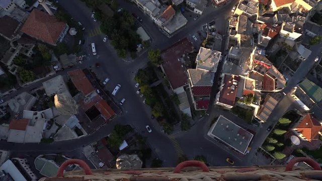 Goreme town in Cappadocia seen from a hot air balloon, Turkey