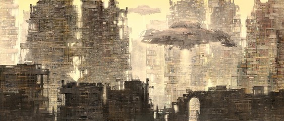 Flying saucer in futuristic city, panorama painting , fantasy illustration