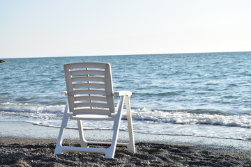 Beach, sea and pinewood on the seaside in Marina di Cecina, Tuscany, Italy. Panoramic view of the...