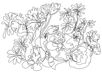 Line Art Drawing Various interlaced flowers. Mystery of flowers harmony: interlaced flowers are drawn in black mascara. Decorative work of art can be used as a greeting card, background.