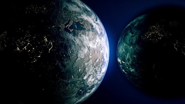 Parallel universe with 2 Earth planets revolving around each other. Alien fantasy concept