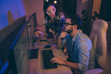 Profile photo of it specialist two business people night coworking together geek guy listen task...