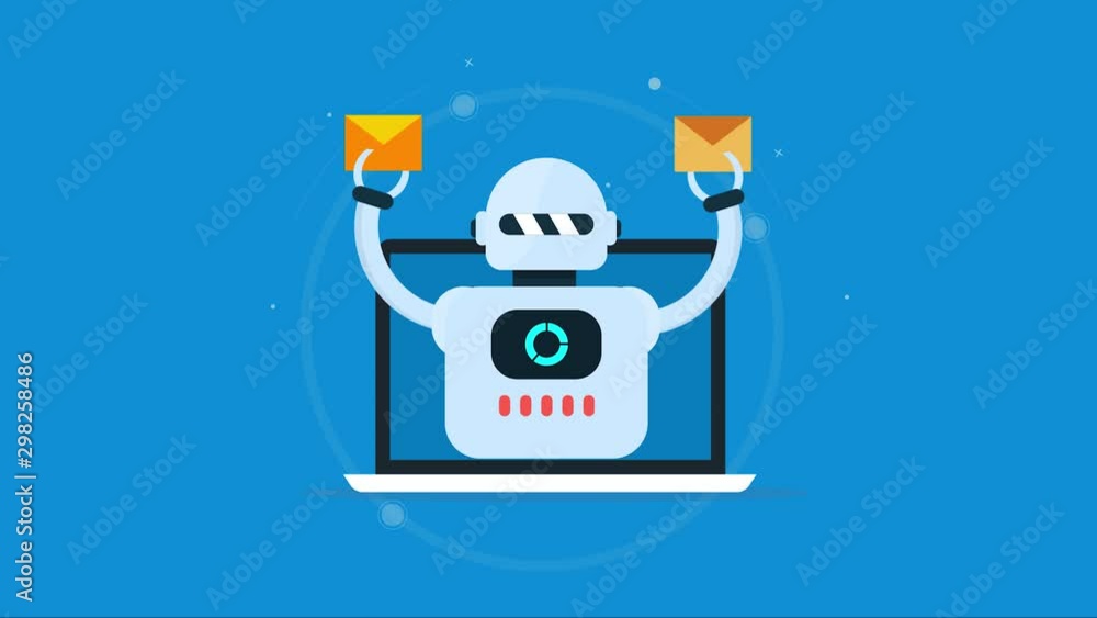 Poster email automation, automated marketing software, robot with email in hands, ai concept. 2d animation,