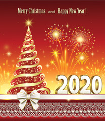 2020 Happy New Year card with Christmas tree on red background of fireworks decorated with ribbon and pattern