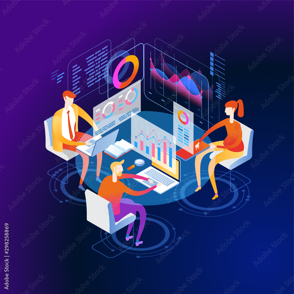 Poster people interacting with graphs and papers. workflow and business management. 3d vector isometric ill