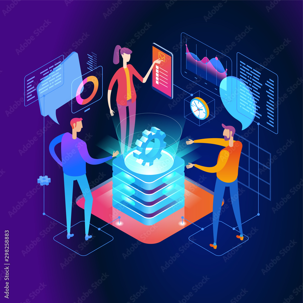 Fototapete people interacting with graphs and papers. workflow and business management. 3d vector isometric ill
