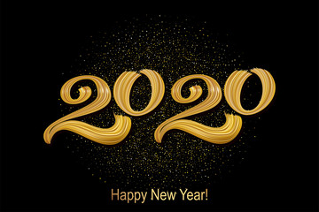 2020. Happy new year banner. Vector illustration of a happy new year in gold and black colors. Beautiful inscription. Background for the holiday.