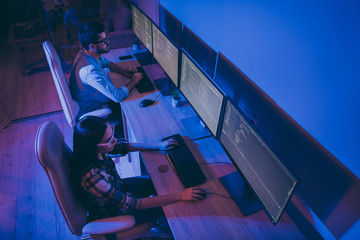 High angle above view photo of it specialist two guy lady business people working late night...