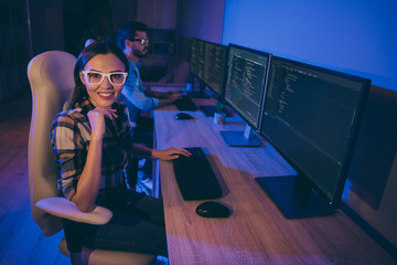 Profile photo of it specialist two guy lady business people love working late together at night...