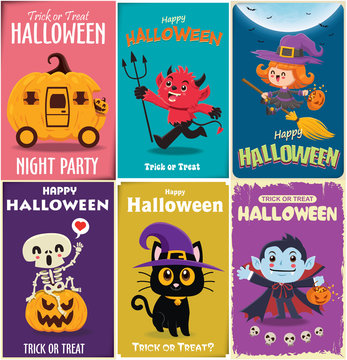 Vintage Halloween poster design with vector vampire, witch, demon, cat, skeleton, ghost, pumpkin character. 