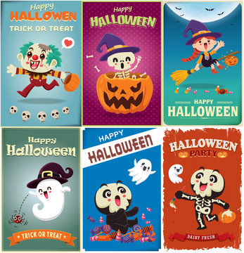 Vintage Halloween poster design with vector clown, witch, skeleton, ghost, spider, pumpkin, character. 