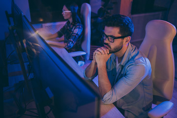 Photo of it specialist two guy lady business people sitting late night chairs together watch...