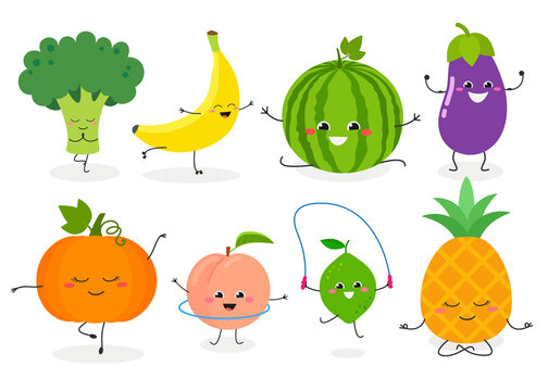 Funny cartoon sporty fruit and veggie characters