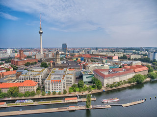 Berlin aerial view from drone, Germany. Buildings, tower and city river