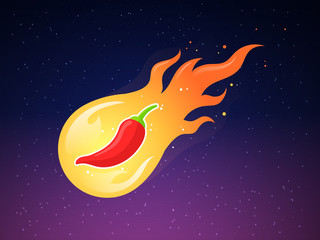 Chili pepper comet in flames on the night sky vector illustration