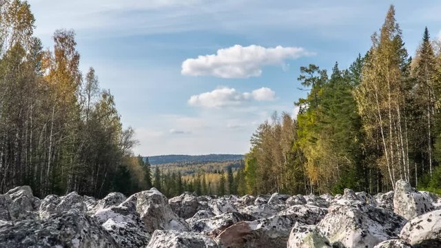 Timelapse Pan at Taganay National Park in Russia in Autumn. "Big Stone River", Biggest Deposit Occurrence of Aventurine Quartz