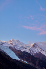 View from Chamonix to Mount Mont Blanc and the Bossons Glacier.