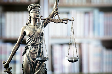 Legal and law statue of Lady Justice scales of justice and books - obrazy, fototapety, plakaty