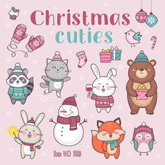 Christmas cuties illustration. Set of cute cartoon characters for Christmas and New Year celebration